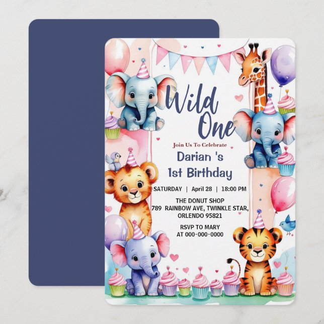 Wild One Cute Animals Balloon cupcake 1st Birthday Invitation (Front/Back)