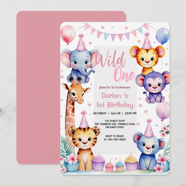 Wild One Cute Animals Balloon cupcake 1st Birthday Invitation (Front/Back)