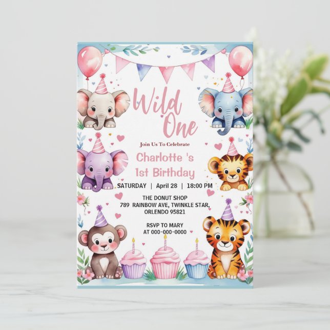 Wild One Cute Animals Balloon girl 1st Birthday Invitation (Standing Front)