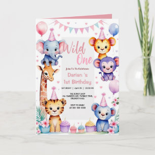 Wild One Cute Animals Balloon girl 1st Birthday pa Invitation