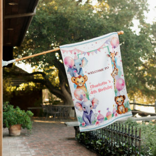 Wild One Cute Animals Balloon girls Birthday House Flag