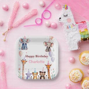 Wild One Cute Animals Balloon girls Birthday Paper Plates