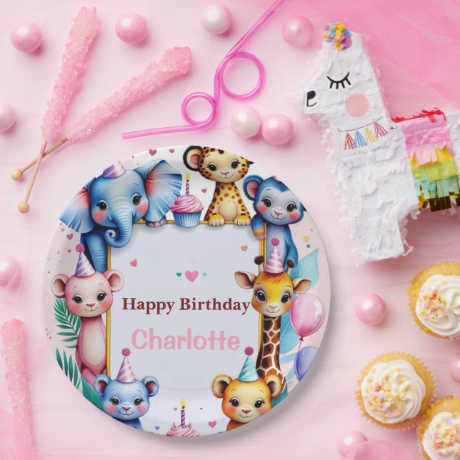Wild One Cute Animals Balloon girls Birthday Paper Plates (Party)
