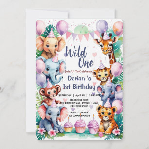 Wild One Cute Animals Balloon kids 1st Birthday Invitation