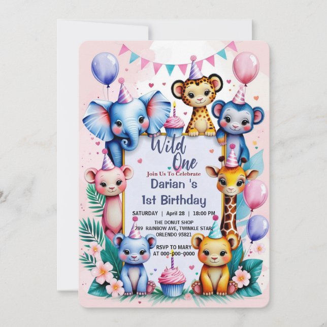 Wild One Cute Animals Balloon kids 1st Birthday Invitation (Front)