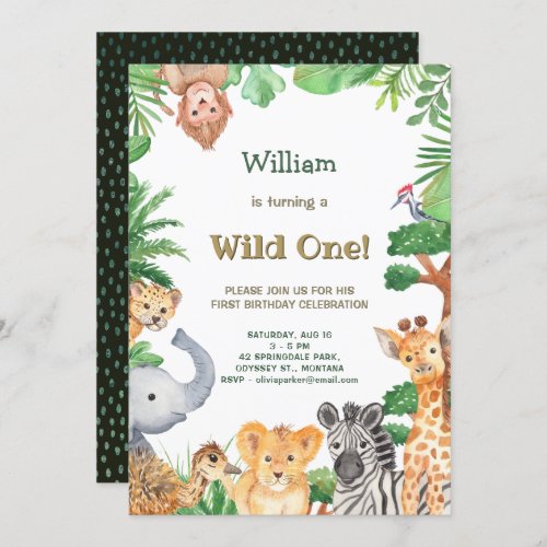 Wild One Cute Animals Jungle Safari Birthday Invitation