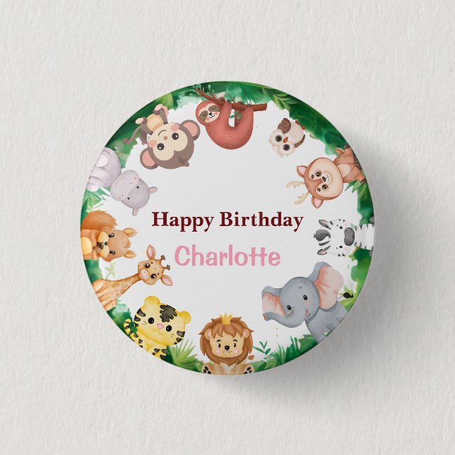 Wild One Cute Animals zoo Birthday party Button (Front)