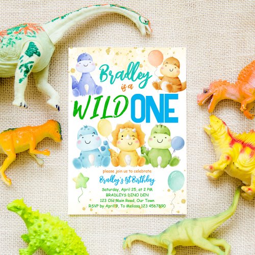 Wild one cute baby dinosaurs 1st birthday invite