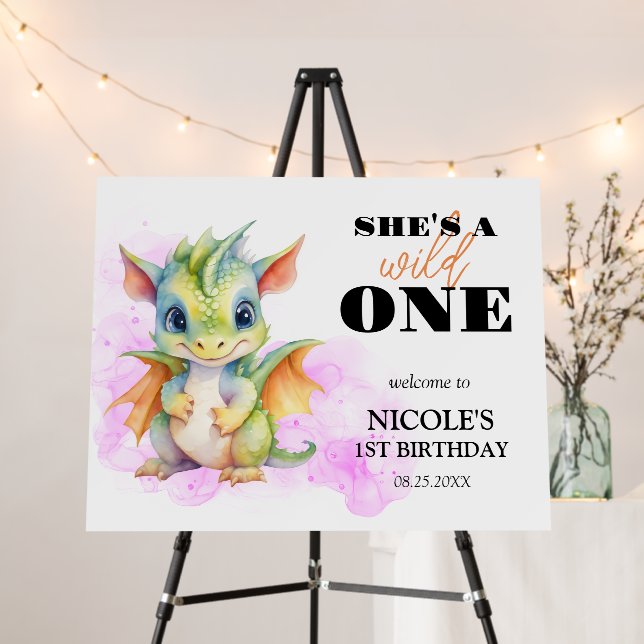Wild One Cute Baby Dragon Fairytale 1st Birthday Foam Board (In Situ (Stand))