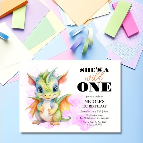 Wild One Cute Baby Dragon Fairytale 1st Birthday Invitation