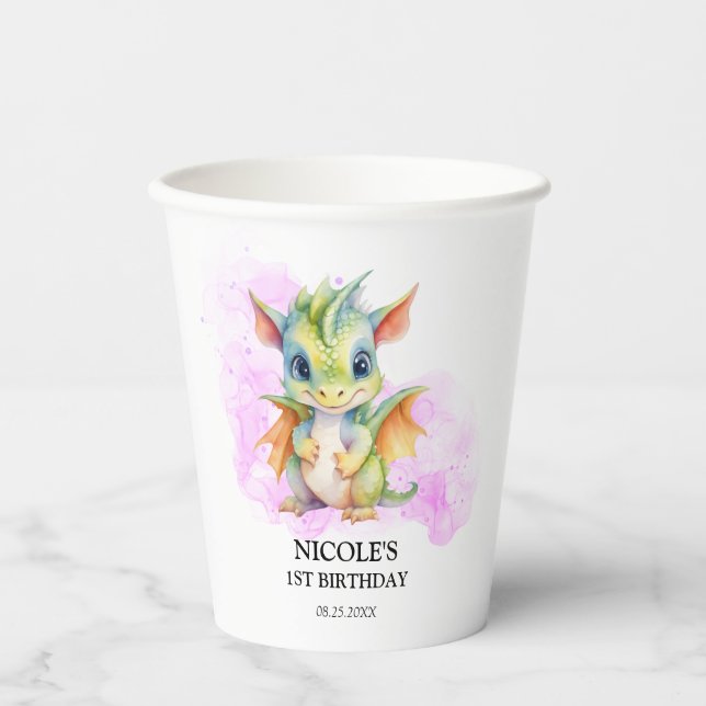 Wild One Cute Baby Dragon Fairytale 1st Birthday Paper Cups (Front)