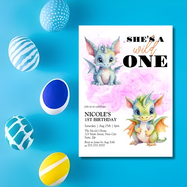 Wild One Cute Baby Dragon Fantasy 1st Birthday Invitation (Creator Uploaded)