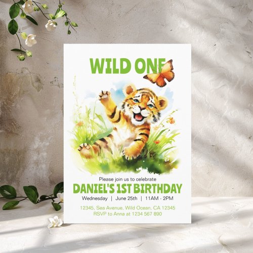 Wild One Cute Baby Tiger Butterfly 1st Birthday Invitation