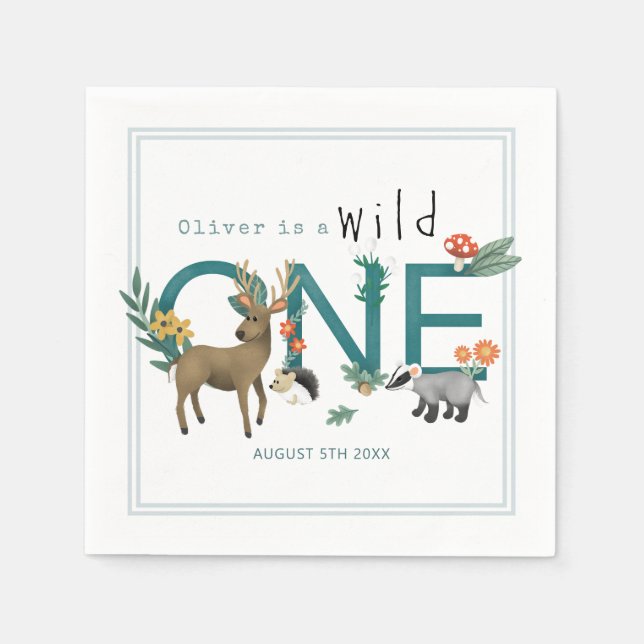 Wild One Cute Blue Woodland Animals 1st Birthday Napkins (Front)