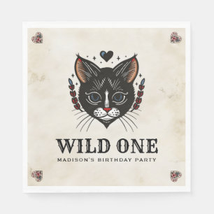 Wild One Cute Cat Rockabilly 1st Birthday Napkins
