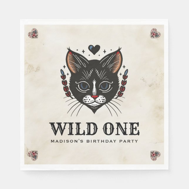 Wild One Cute Cat Rockabilly 1st Birthday Napkins (Front)