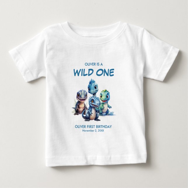 Wild One Cute Dinosaur First Birthday Party Baby T-Shirt (Front)