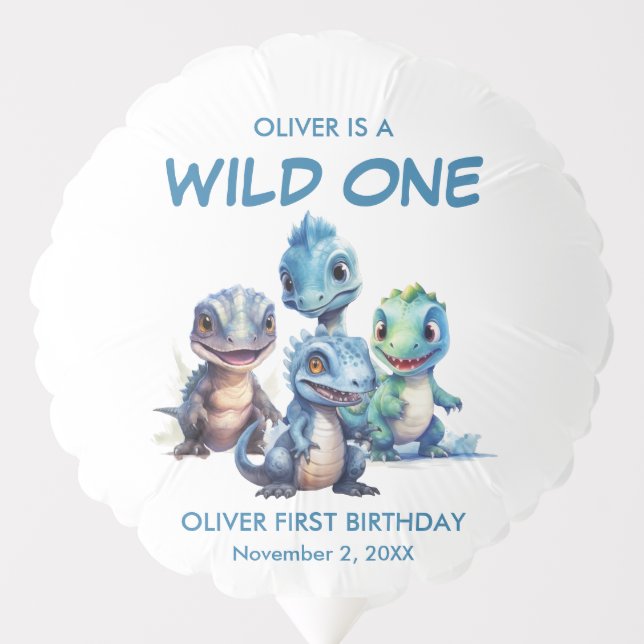 Wild One Cute Dinosaur First Birthday Party Balloon (Front)