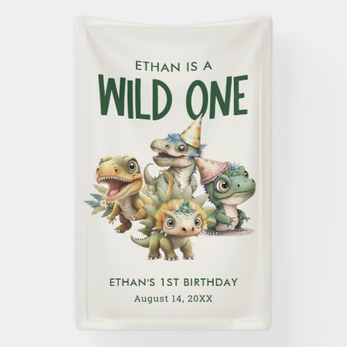 Wild One Cute Dinosaur First Birthday Party Banner