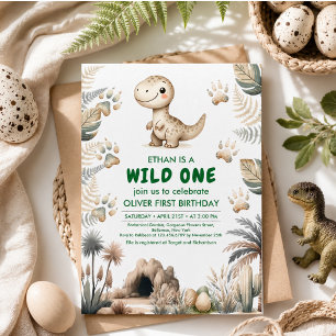 Wild One Cute Dinosaur First Birthday Party Invitation
