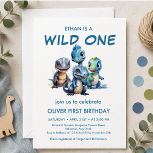 Wild One Cute Dinosaur First Birthday Party Invitation