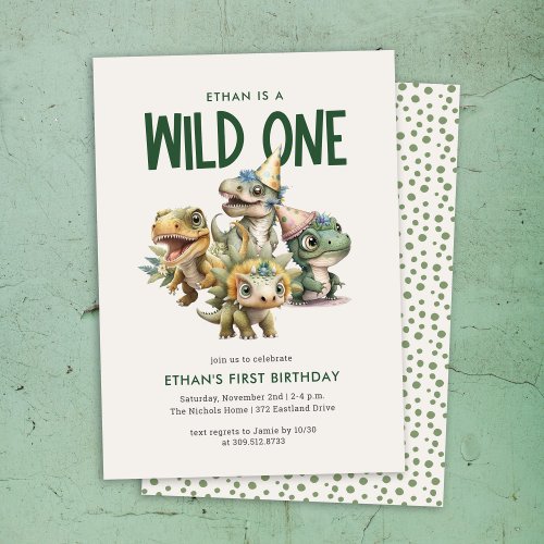 Wild One Cute Dinosaur First Birthday Party Invitation