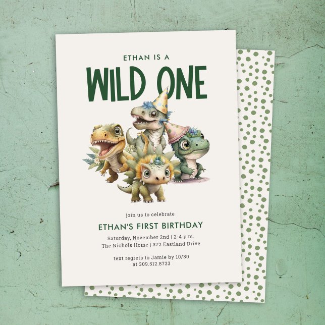 Wild One Cute Dinosaur First Birthday Party Invitation (Creator Uploaded)