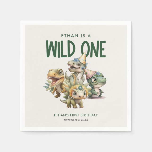 Wild One Cute Dinosaur First Birthday Party Napkins (Front)