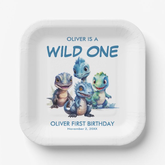 Wild One Cute Dinosaur First Birthday Party Paper Plates (Front)