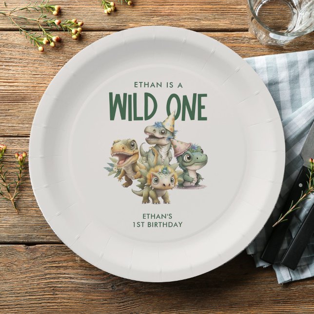 Wild One Cute Dinosaur First Birthday Party Paper Plates (Creator Uploaded)