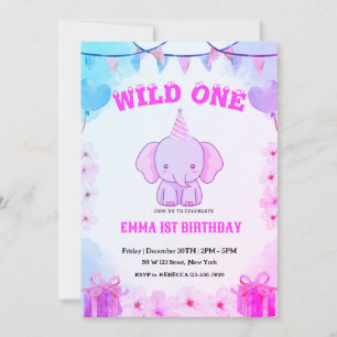 Wild One Cute Elephant 1st Birthday Invitation