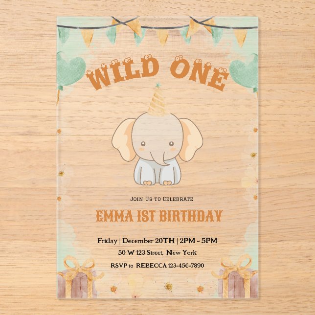 Wild One Cute Elephant 1st Birthday Invitation (Front)