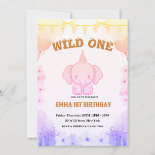 Wild One Cute Elephant 1st Birthday Invitation