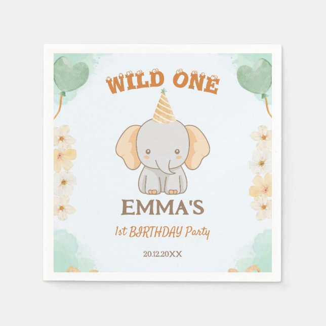 Wild One Cute Elephant 1st Birthday  Napkins (Front)