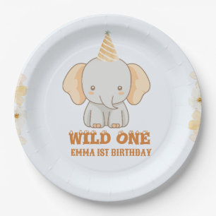 Wild One Cute Elephant 1st Birthday Paper Plates