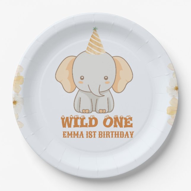 Wild One Cute Elephant 1st Birthday  Paper Plates (Front)