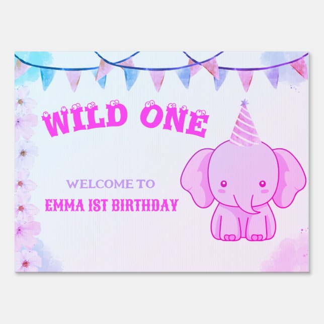 Wild One Cute Elephant 1st Birthday Welcome sign (Front)