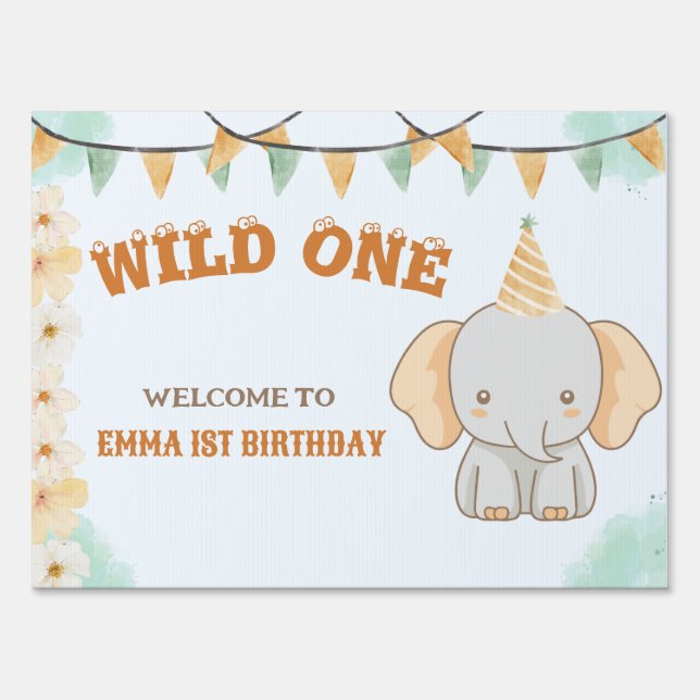 Wild One Cute Elephant 1st Birthday Welcome sign (Front)
