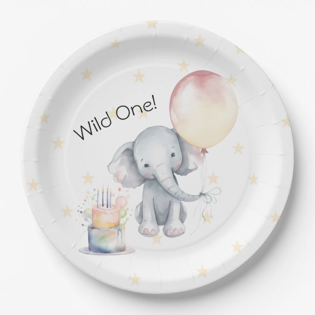 Wild One Cute Elephant Balloon Cake 1st Birthday Paper Plates (Front)