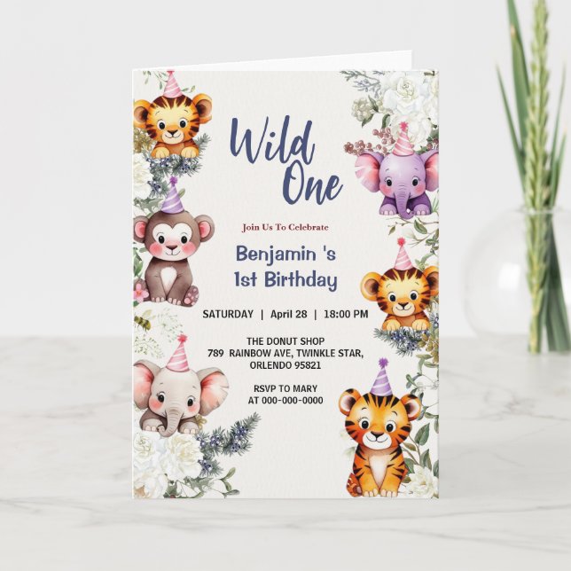 Wild One Cute flowers Animal Child's 1st Birthday  Invitation (Front)