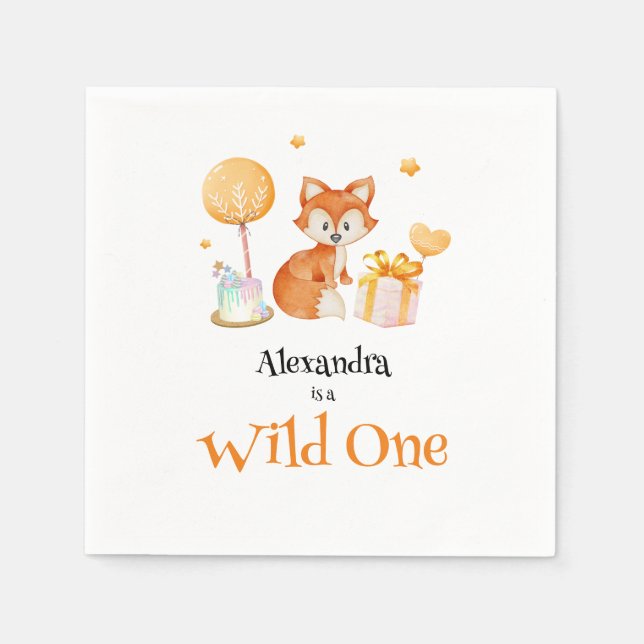 Wild One Cute Fox First Birthday Napkins (Front)