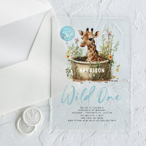 Wild One Cute Giraffe 1st Birthday Boho Animal  Acrylic Invitations