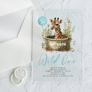 Wild One Cute Giraffe 1st Birthday Boho Animal Acrylic Invitations