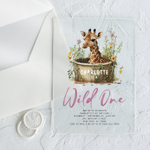 Wild One Cute Giraffe 1st Birthday Boho Animal  Acrylic Invitations