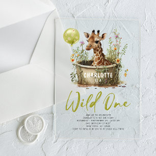 Wild One Cute Giraffe 1st Birthday Boho Animal Acrylic Invitations