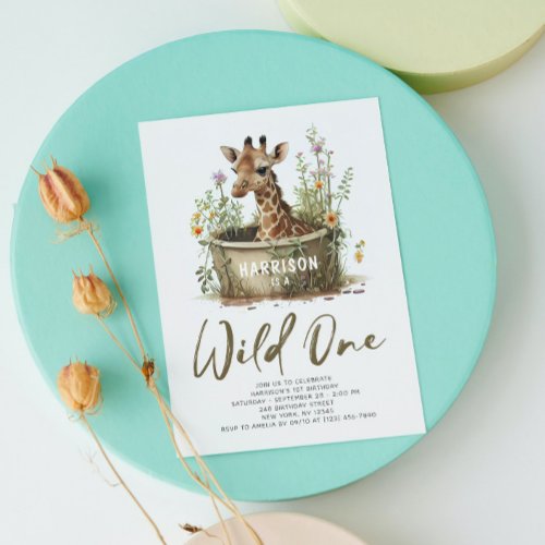 Wild One Cute Giraffe 1st Birthday Boho Animal Invitation