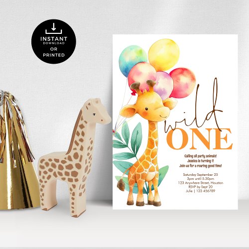 Wild One Cute Giraffe 1st Birthday Party Invitation