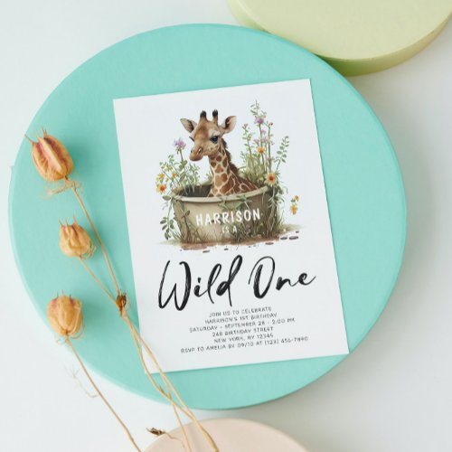 Wild One Cute Giraffe 1st Birthday Photo Animal Invitation