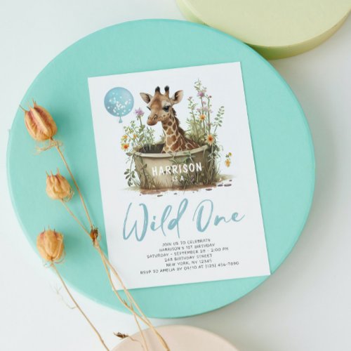 Wild One Cute Giraffe 1st Birthday Photo Animal Invitation