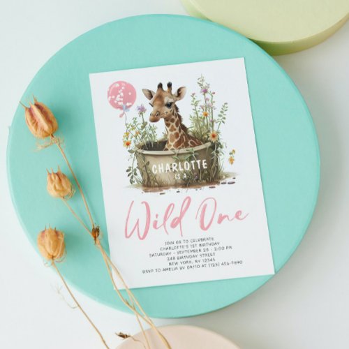 Wild One Cute Giraffe 1st Birthday Photo Animal Invitation